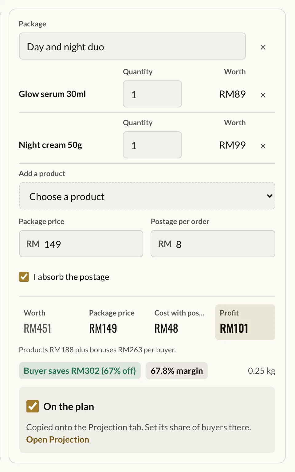 A package built from three products, with its worth, cost, profit and margin