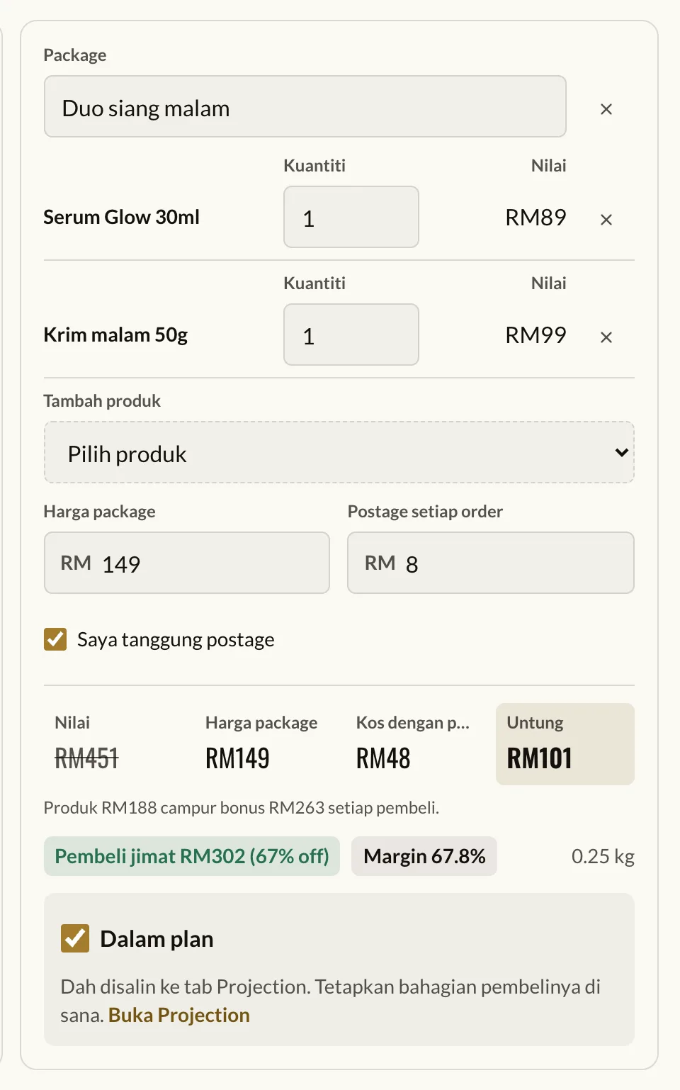 Satu package dibina dari tiga produk, dengan nilai, kos, profit dan margin